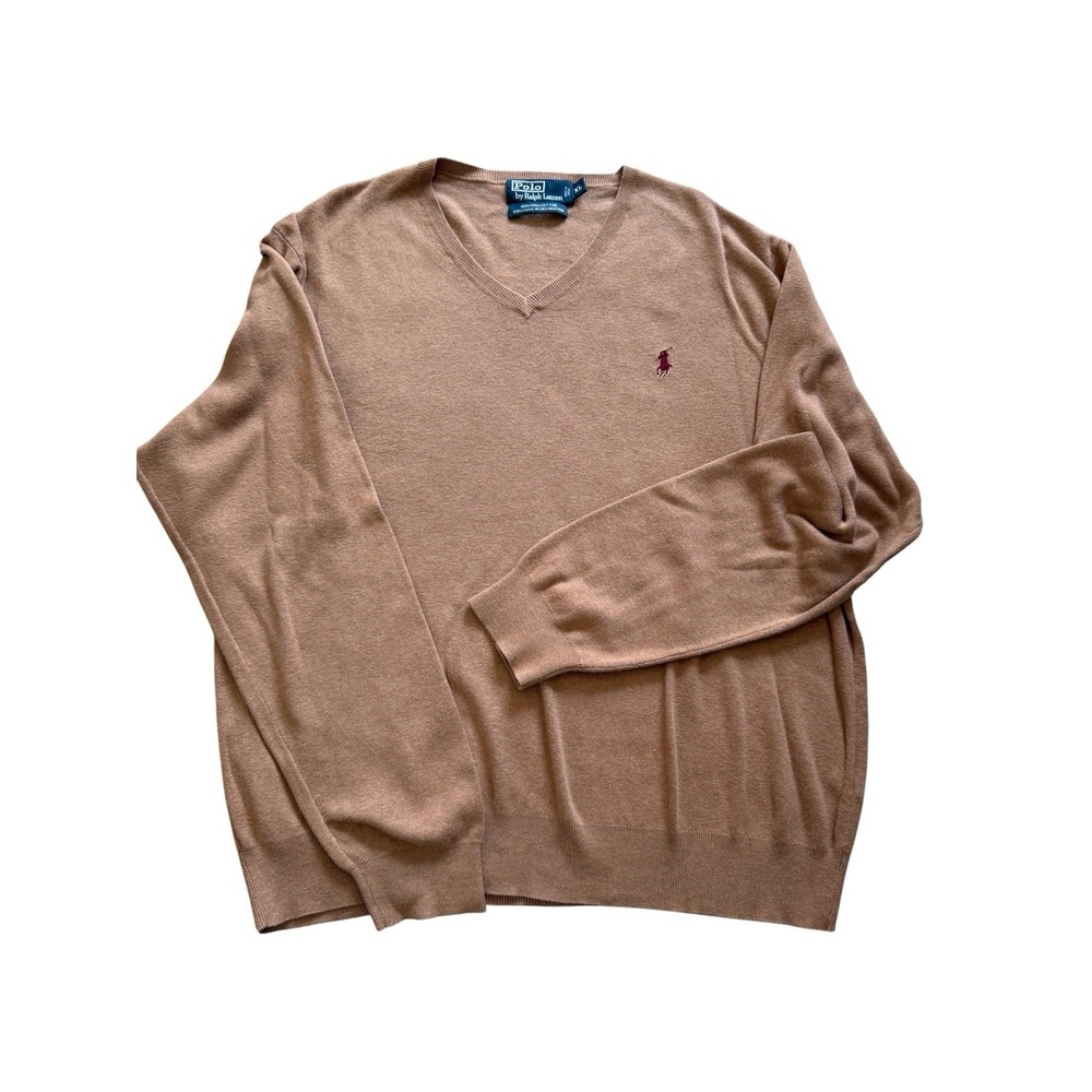 Polo Ralph Lauren V-Neck Sweater Mens XL Pima Cotton Tan Preppy Luxury